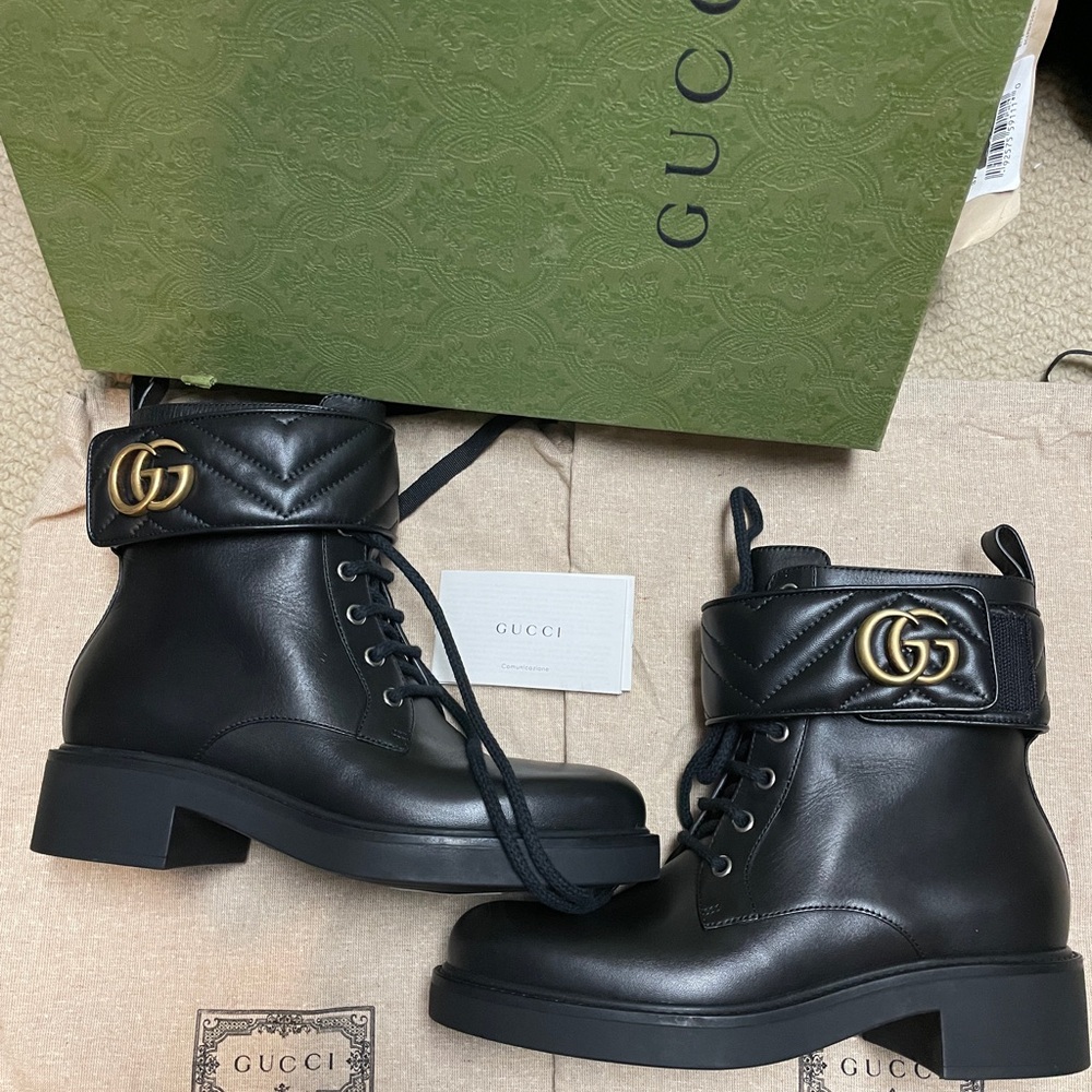 Gucci Black Flores Calf MF/Nappa Charlot Boots NWT